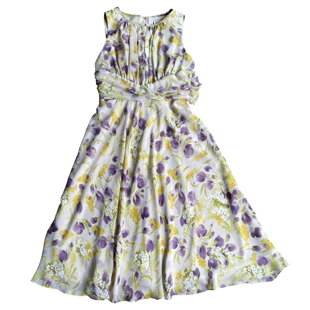 Vintage K Studio Womens Floral Tulip Print Sleeveless Pleated Midi Dress 12‎
